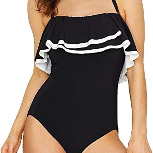 Contours Coco Reef Agate Ruffle Bandeau Bra Sized 1 Piece Swimsuit 12/36C blue - Picture 9 of 10